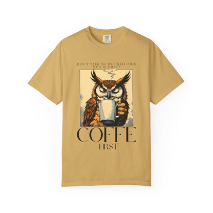 Coffee First Owl T-Shirt — Vintage Coffee Lover Graphic Tee