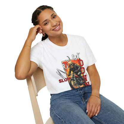 Never Slow Down Motorcycle T-Shirt - Unisex Softstyle Graphic Tee,biker, scull ,twisted