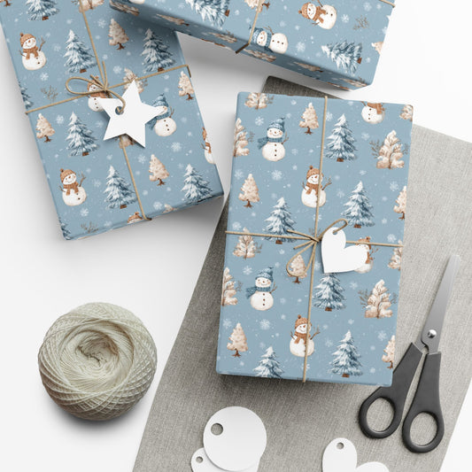 Blue Snowman Holiday Gift Wrap Paper – Cute Winter Tree & Snowman Wrapping Paper for Christmas