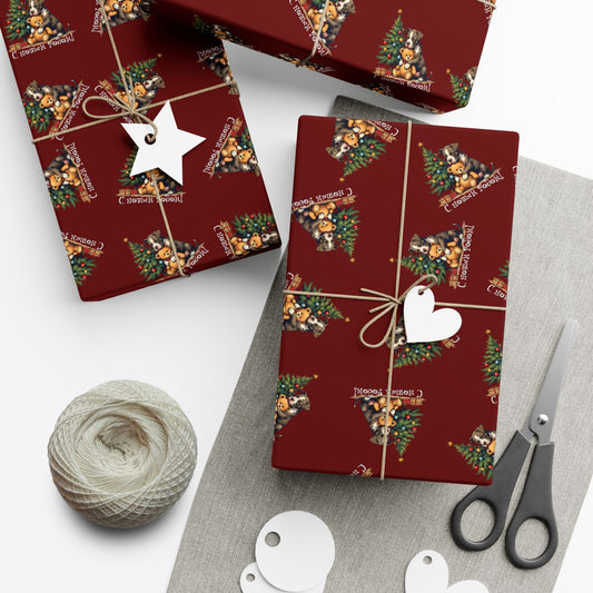 Holiday Teddy Bear Gift Wrap Paper — Christmas Tree & Plush Toy Pattern