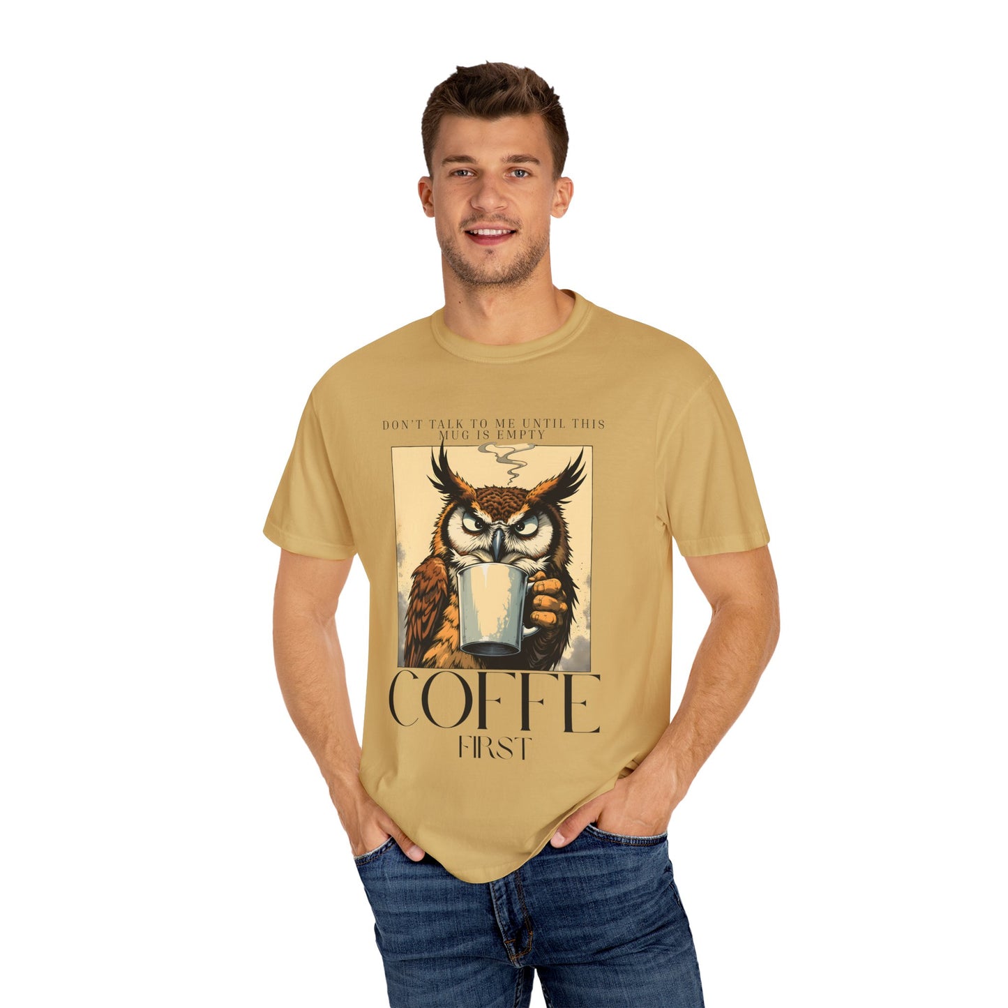 Coffee First Owl T-Shirt — Vintage Coffee Lover Graphic Tee