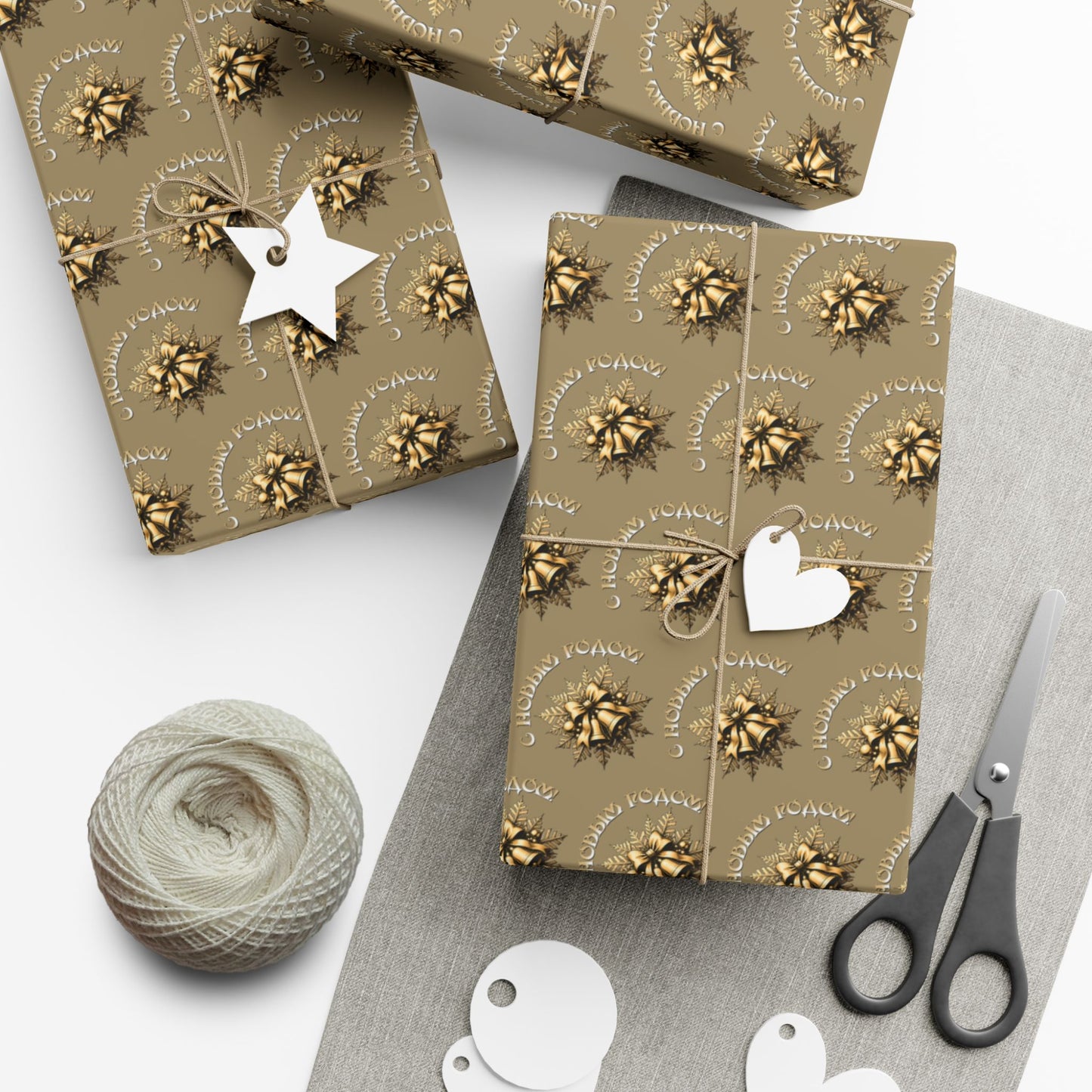 Wrapping Paper - Neutral Kraft Gold Bow Pattern Holiday Gift Wrap