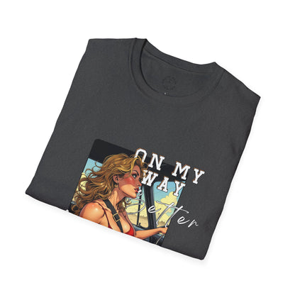 Vintage-Inspired Unisex Softstyle T-Shirt - 'On My Way to Better Life'woman driving,twisted
