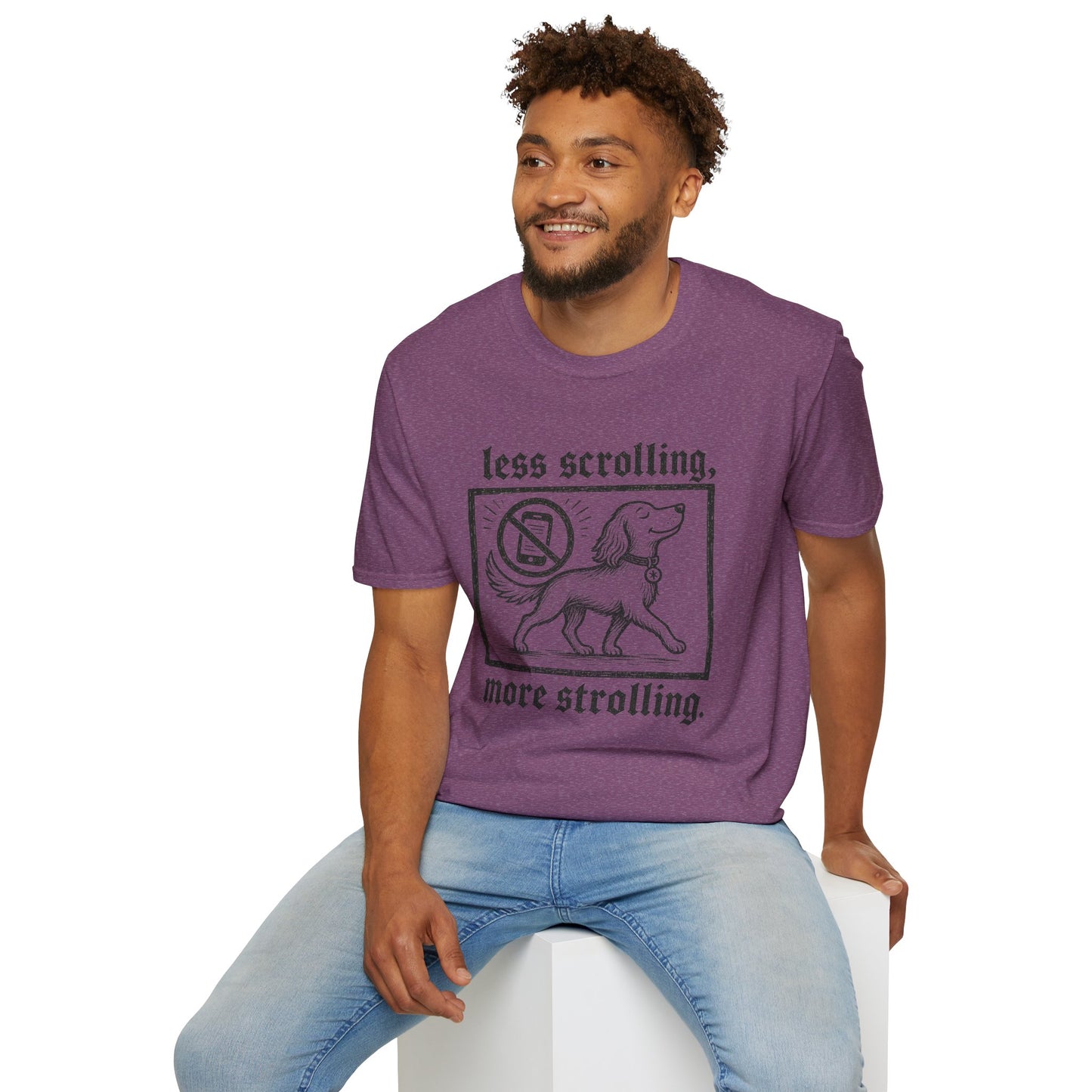 T-Shirt — "Less Scrolling, More Strolling" Dog Graphic Tee
