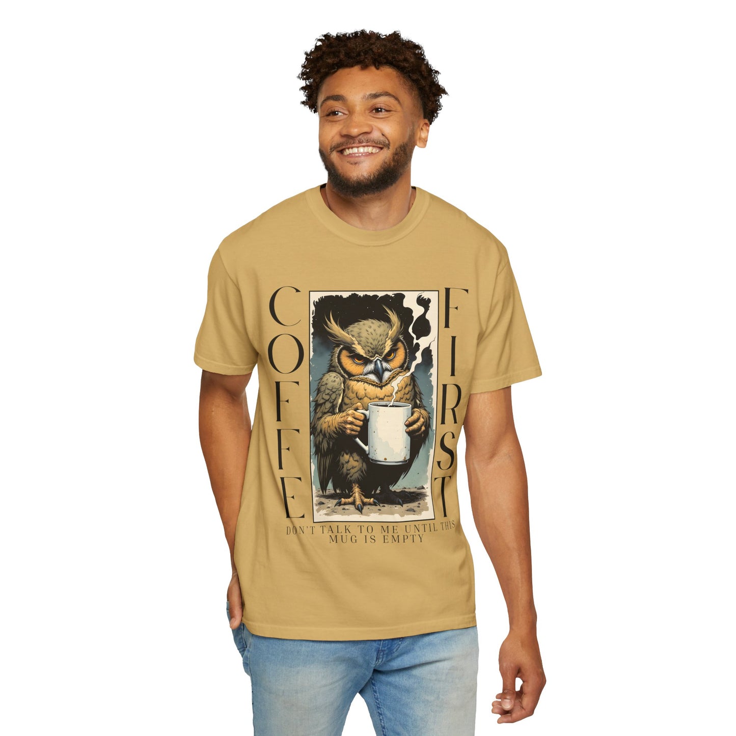 Coffee First Owl T-Shirt — Vintage Owl Holding  Graphic Tee