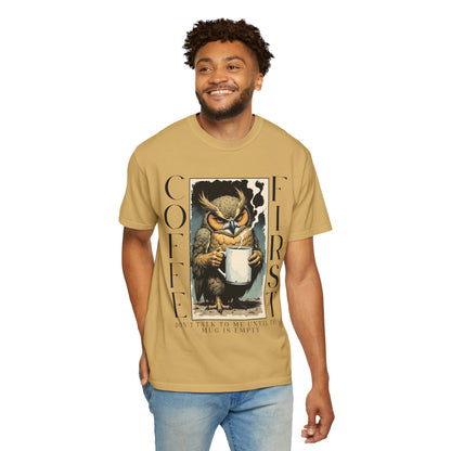 Coffee First Owl T-Shirt — Vintage Owl Holding  Graphic Tee