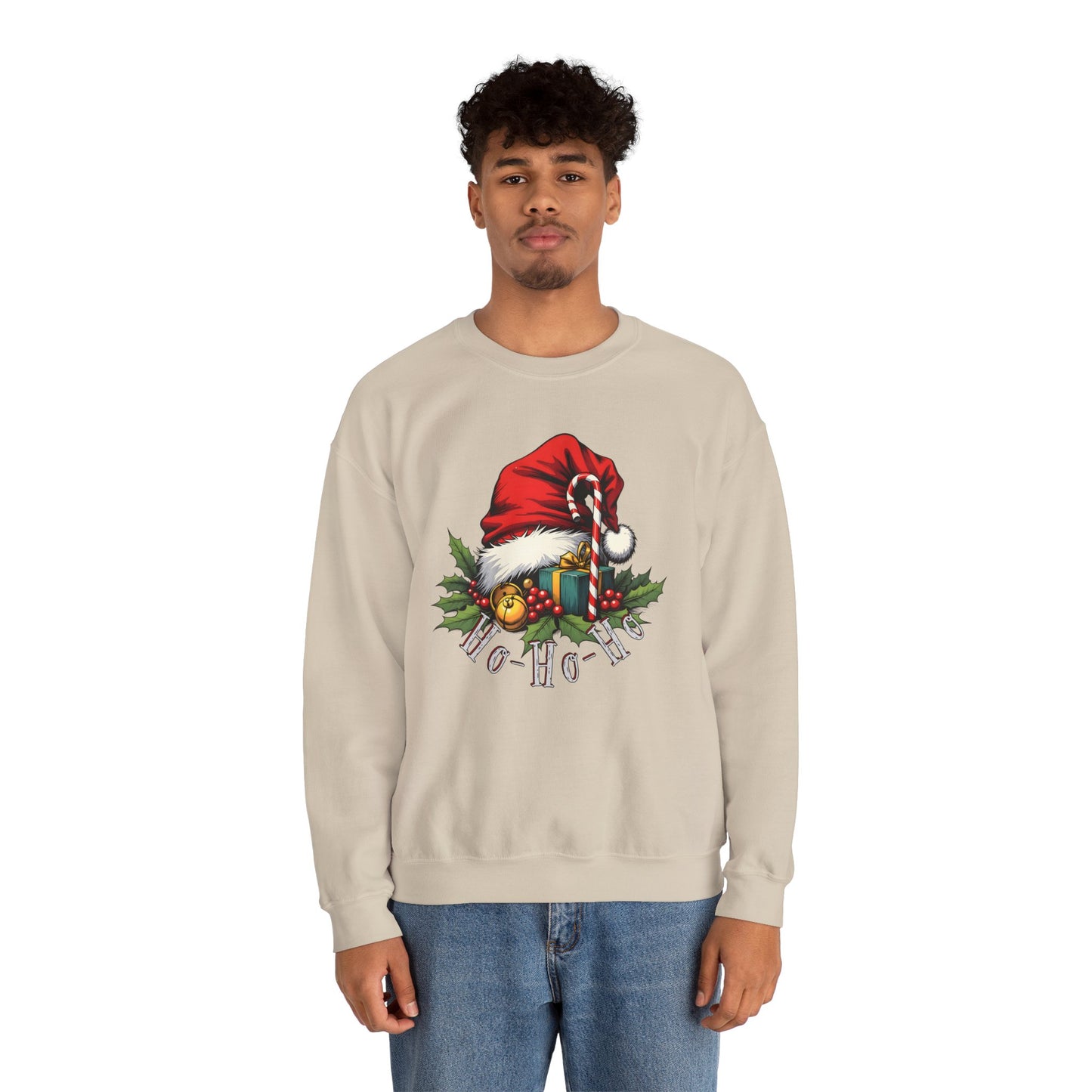 Christmas Sweatshirt - 'Ho-Ho-Ho' Santa Hat & Holly Holiday Crewneck