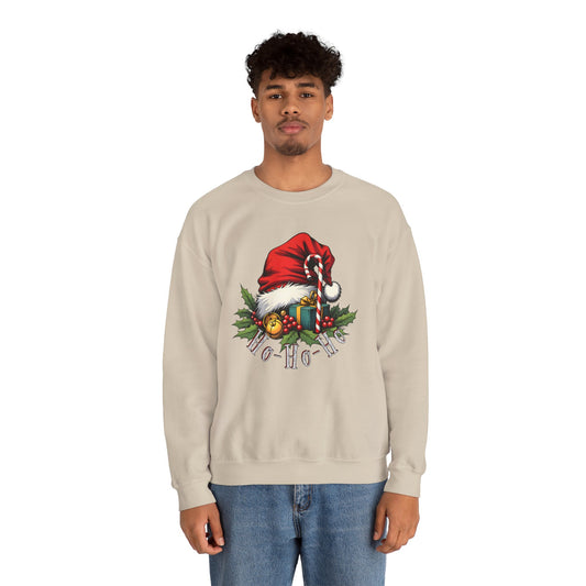 Christmas Sweatshirt - 'Ho-Ho-Ho' Santa Hat & Holly Holiday Crewneck