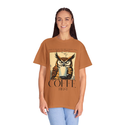 Coffee First Owl T-Shirt — Vintage Coffee Lover Graphic Tee