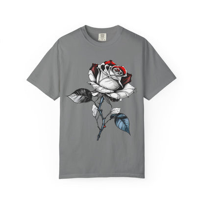 Rose Sketch T-Shirt — Black & Red Botanical Graphic Tee
