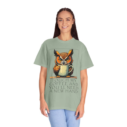 Coffee Owl T‑Shirt - "Touch My Coffee and You'll Need a New Hand" Graphic Tee
