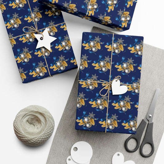 Holiday Floral Gift Wrap Paper — Navy Blue Gold Berry Pattern