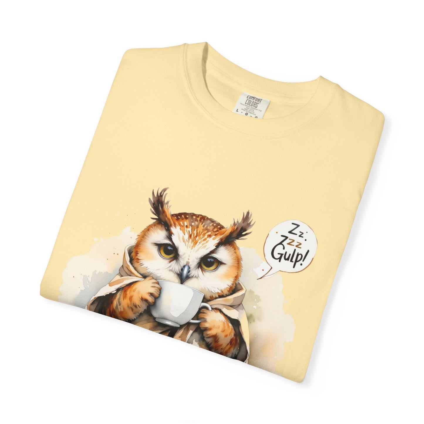 Cozy Owl Drinking Coffee T-Shirt – 'Zzz... Gulp!' Cute Morning Graphic Tee