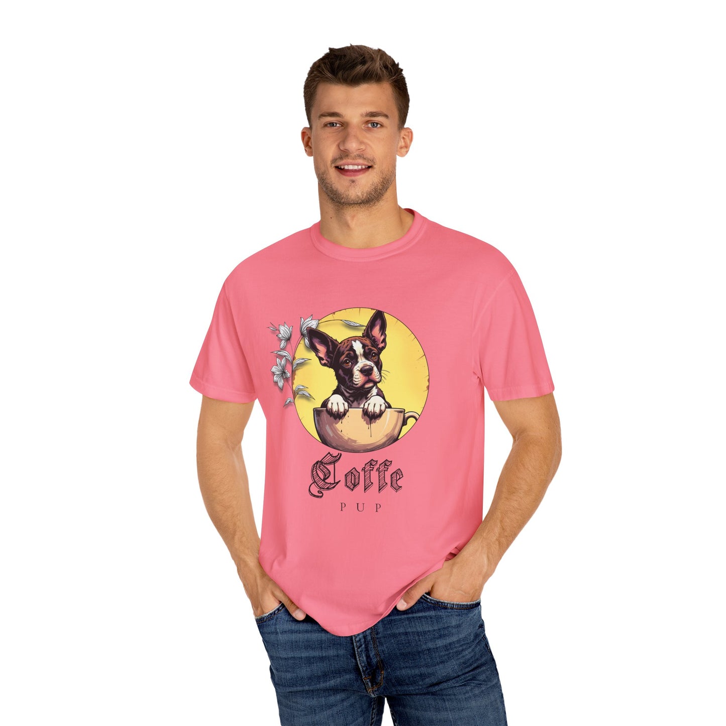 Coffee Pup Unisex Garment-Dyed T-shirt - Cute Dog Lovers Tee