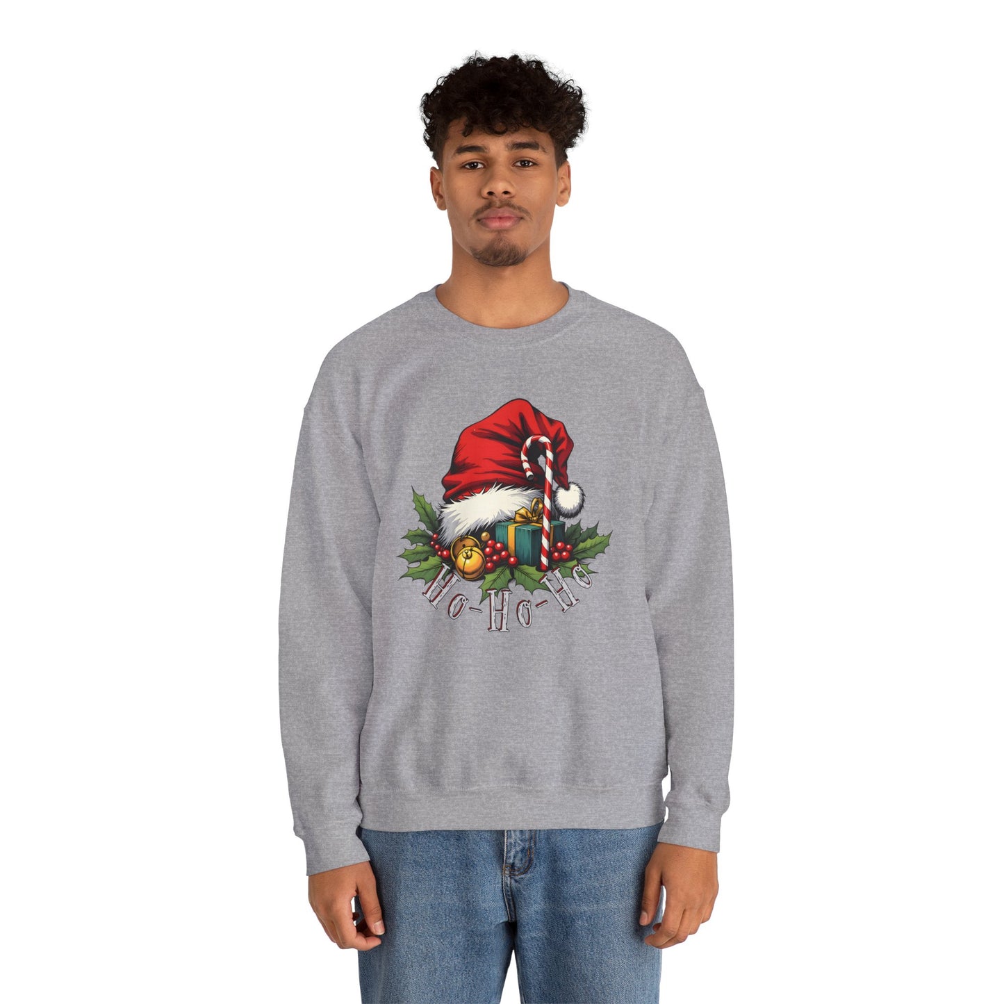 Christmas Sweatshirt - 'Ho-Ho-Ho' Santa Hat & Holly Holiday Crewneck
