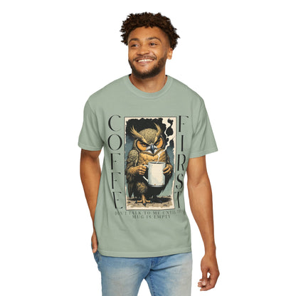 Coffee First Owl T-Shirt — Vintage Owl Holding  Graphic Tee