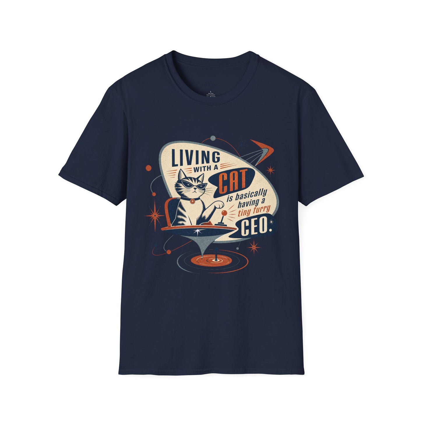 Cat T-Shirt — "Living with a Cat is Basically Having a Furry CEO" Retro Graphic