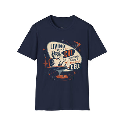 Cat T-Shirt — "Living with a Cat is Basically Having a Furry CEO" Retro Graphic