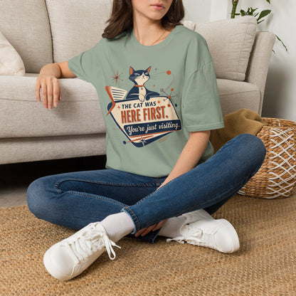 Cat Was Here First T-Shirt — Retro Mid-Century Kitty "You’re Just Visiting" Tee