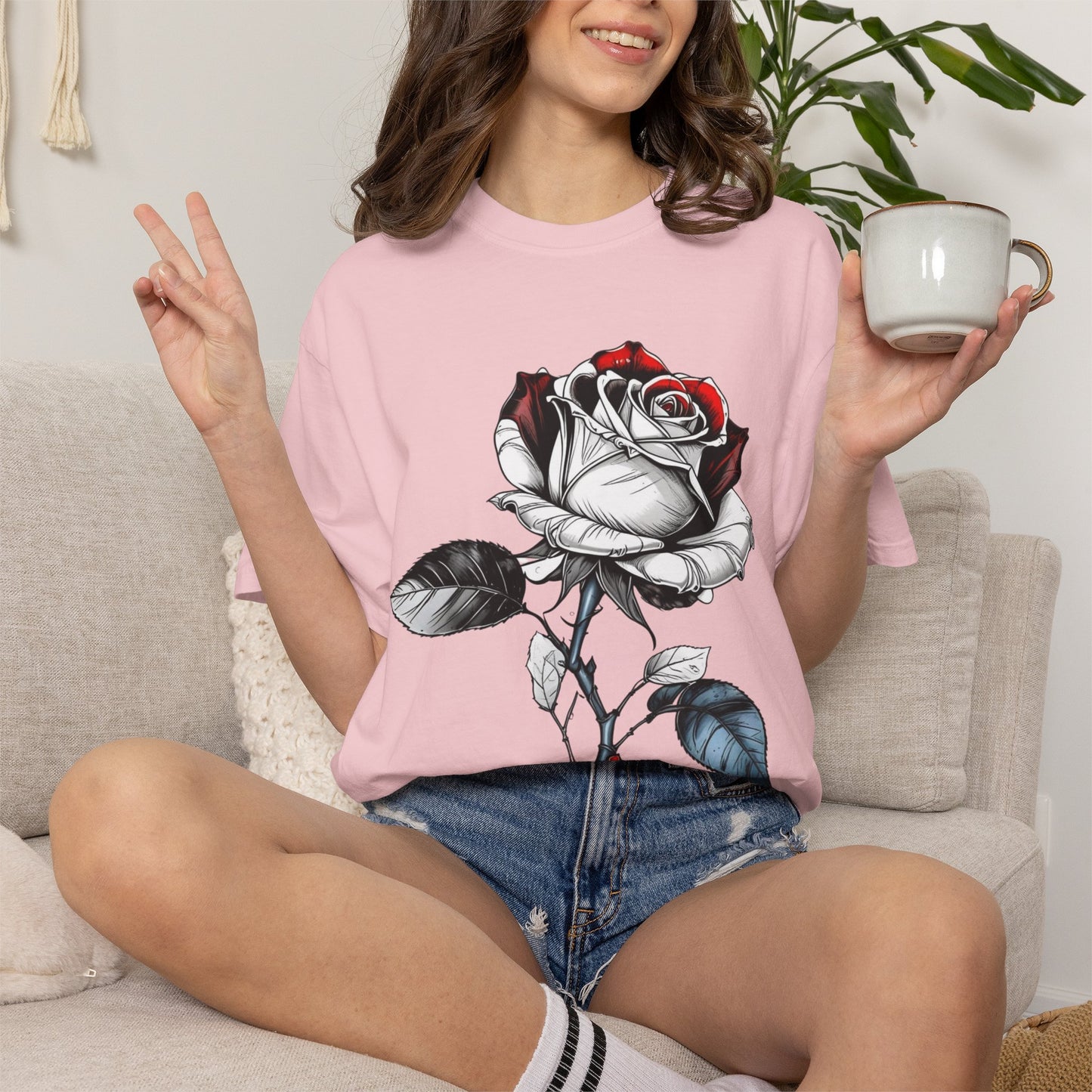 Rose Sketch T-Shirt — Black & Red Botanical Graphic Tee