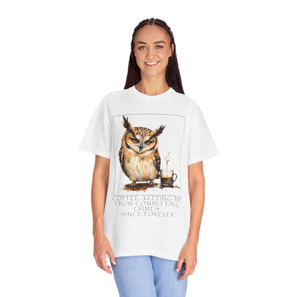 Owl Coffee Illustration T‑Shirt — 'Coffee First, Commit Later' Graphic Tee
