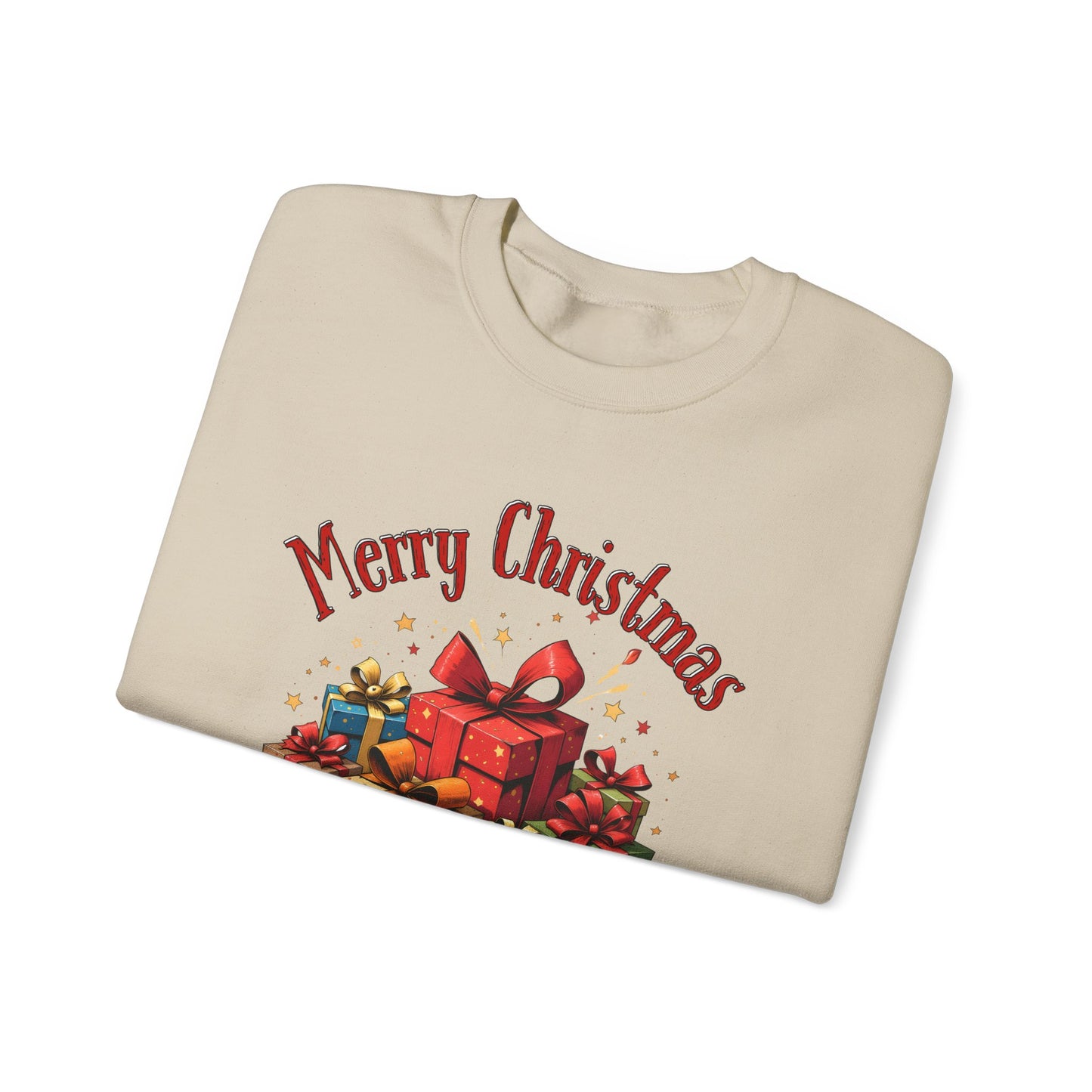 Christmas Crewneck Sweatshirt — "Merry Christmas" with Festive Gift Pile