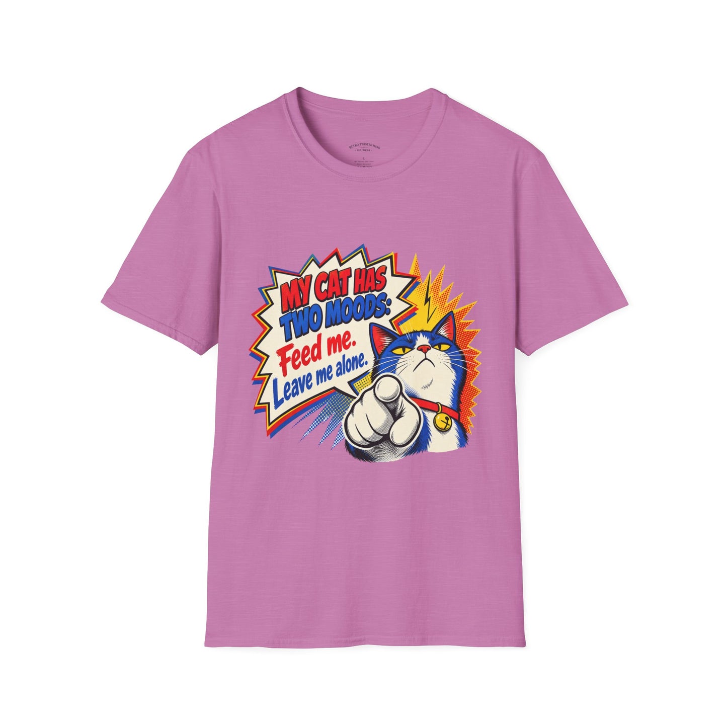 Cat T-Shirt — "My Cat Has Two Moods: Feed Me, Leave Me Alone" Funny Retro Comic Tee