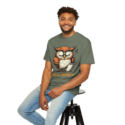 Sleepy Owl Coffee T-Shirt — "Gimme a Minute" Cute Morning Tee
