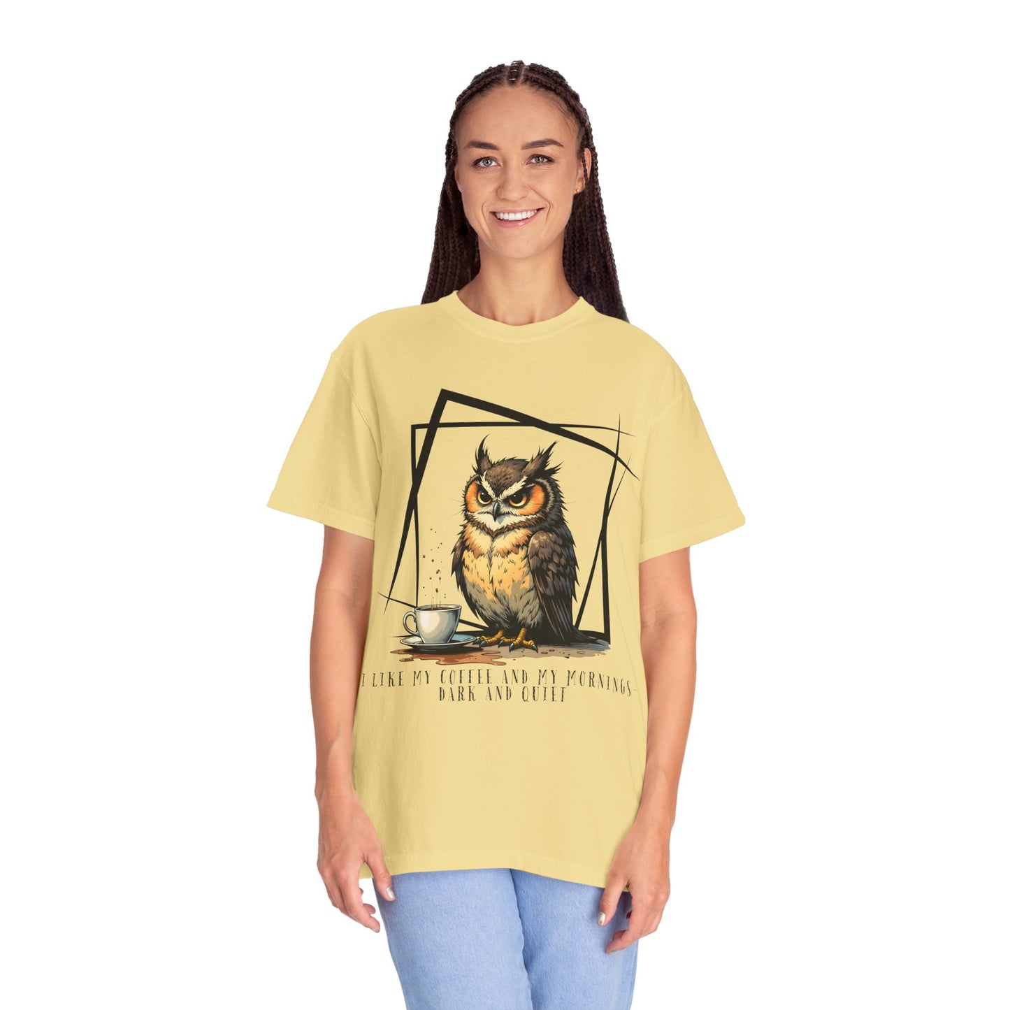 Owl & Coffee Graphic T-Shirt — 'A Day to Coffee and Contemplate'