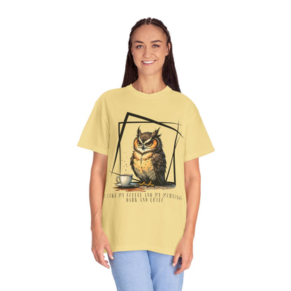 Owl & Coffee Graphic T-Shirt — 'A Day to Coffee and Contemplate'