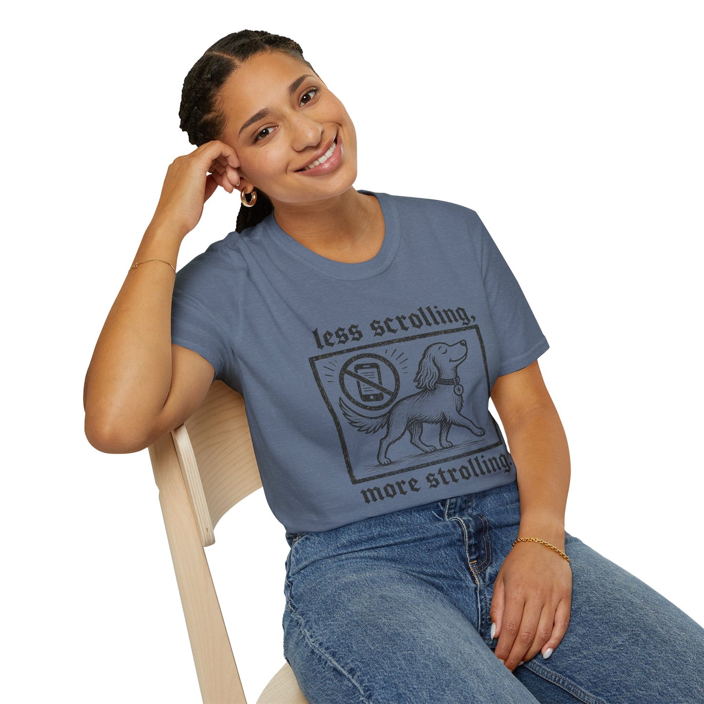 T-Shirt — "Less Scrolling, More Strolling" Dog Graphic Tee