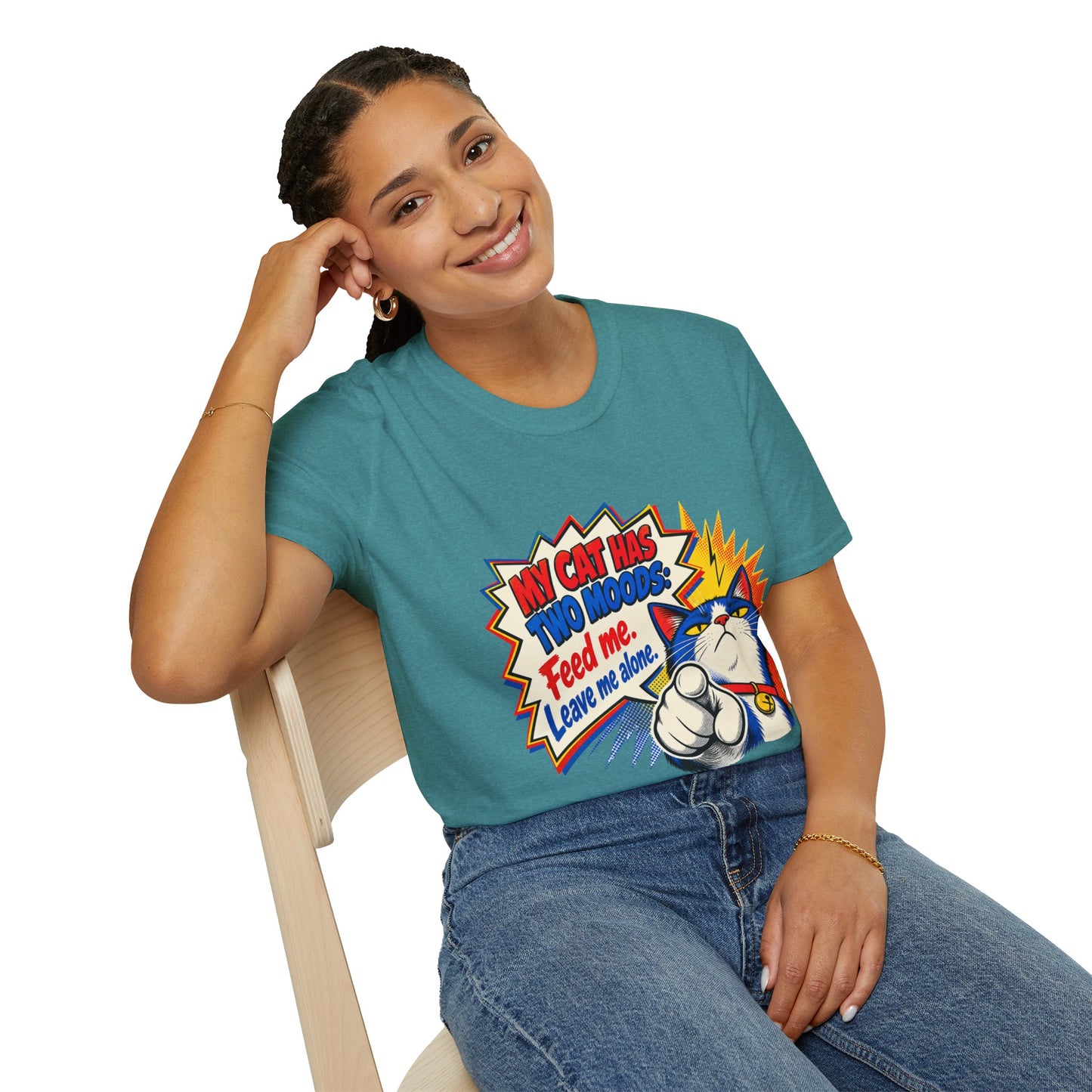 Cat T-Shirt — "My Cat Has Two Moods: Feed Me, Leave Me Alone" Funny Retro Comic Tee