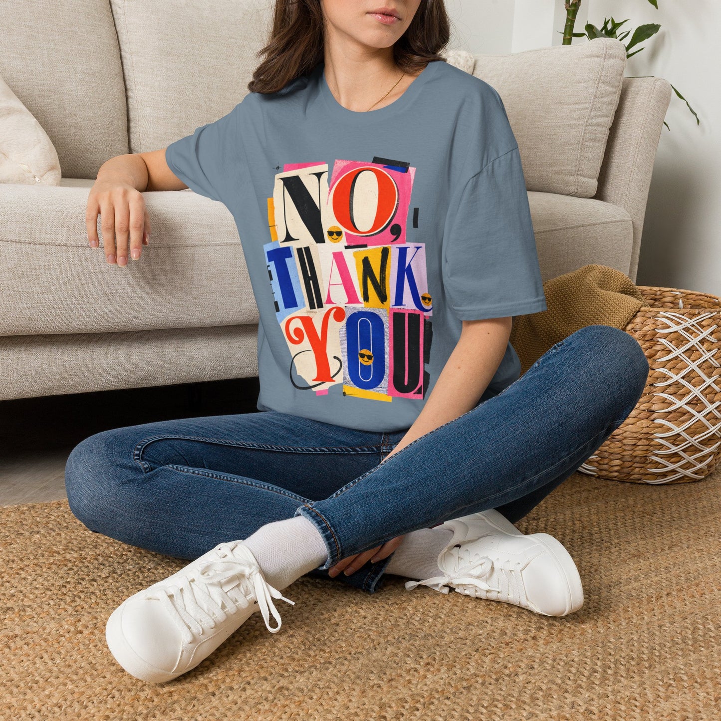 No, Thank You Graphic Tee — Colorful Bold Lettering T‑Shirt