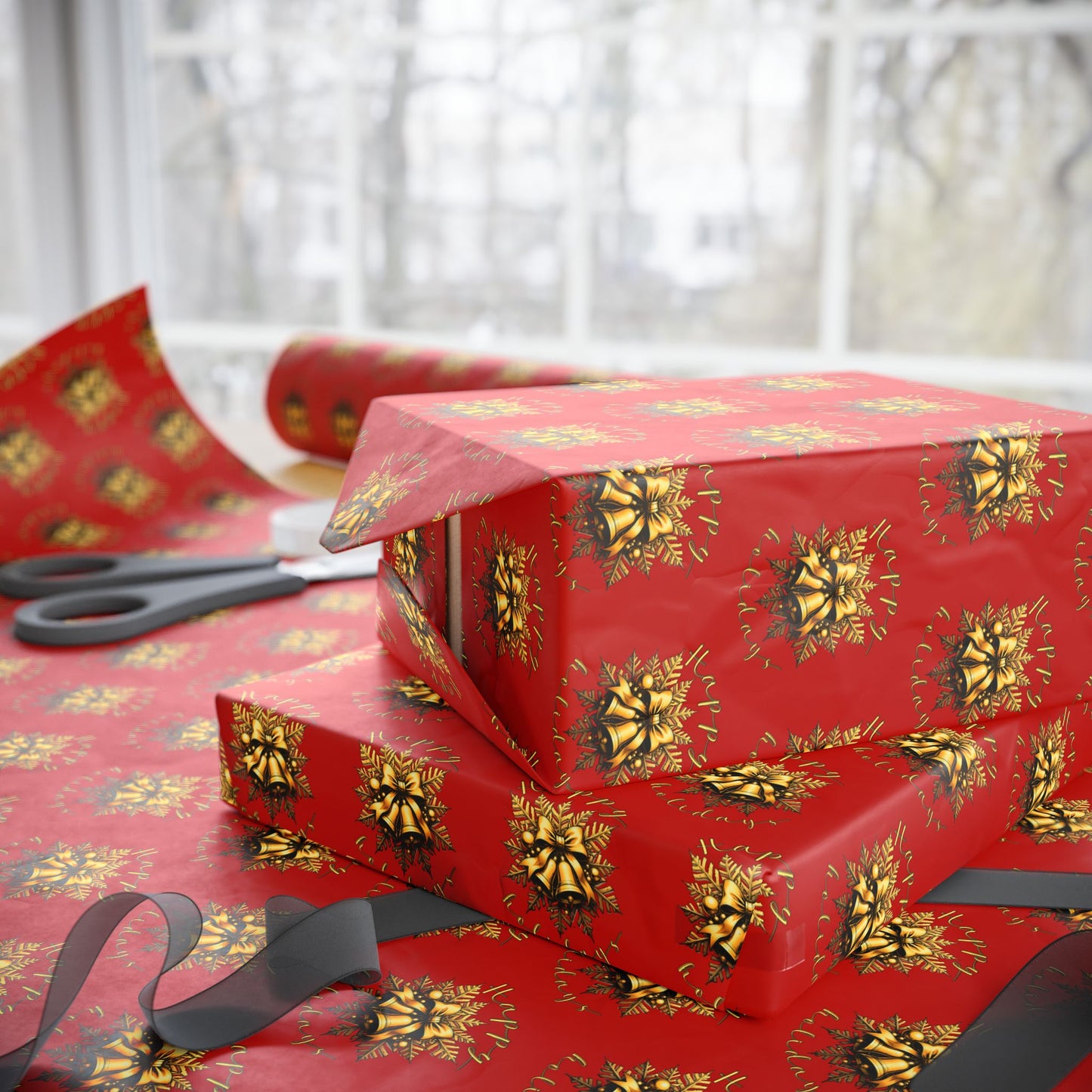 Christmas Wrapping Paper – Red with Gold Pinecone Pattern