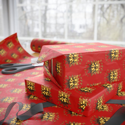 Christmas Wrapping Paper – Red with Gold Pinecone Pattern