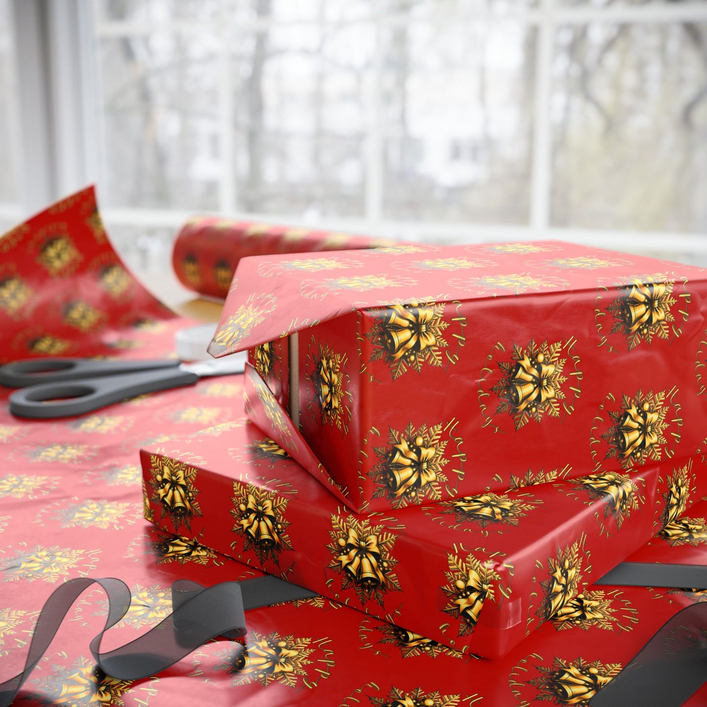 Christmas Wrapping Paper – Red with Gold Pinecone Pattern