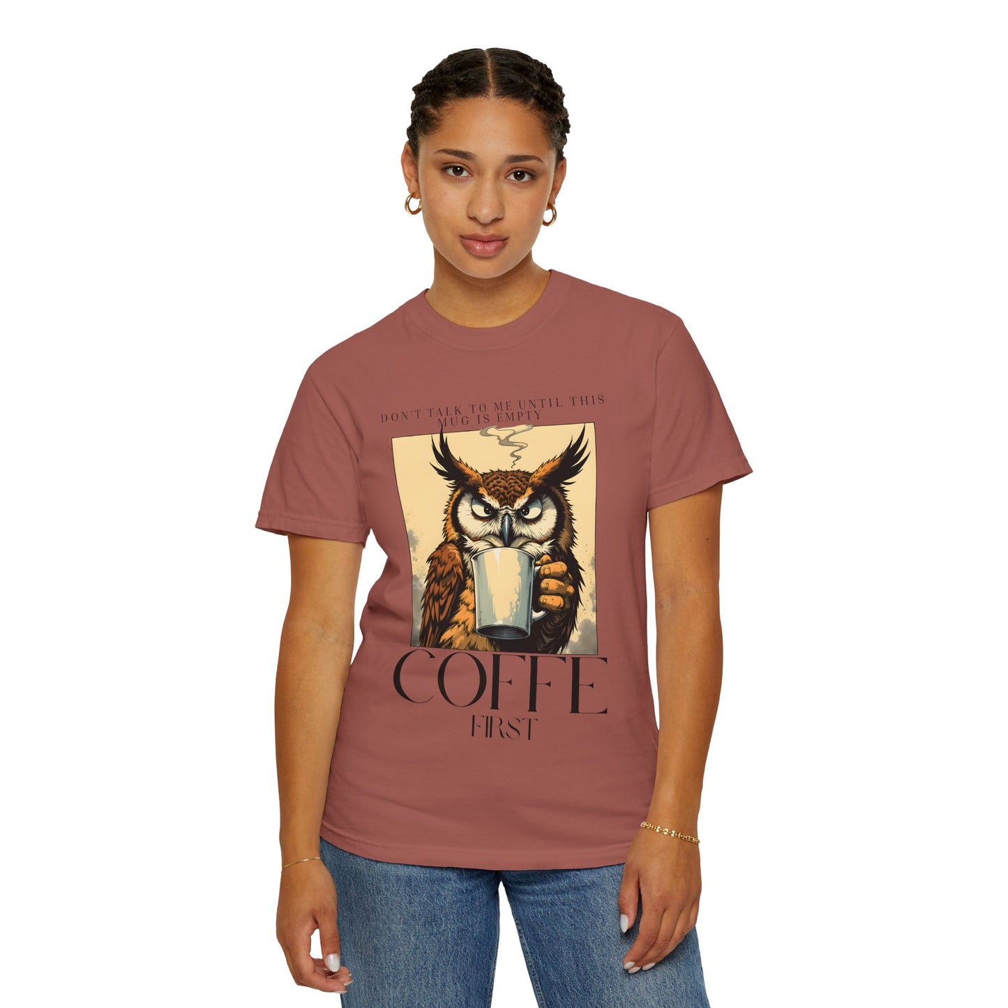 Coffee First Owl T-Shirt — Vintage Coffee Lover Graphic Tee
