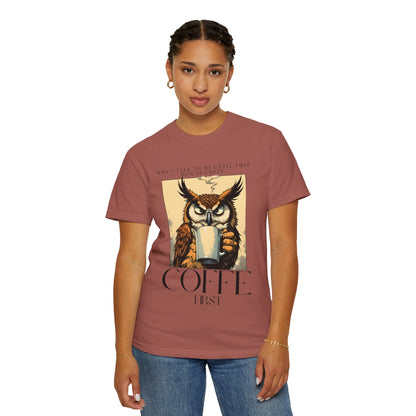 Coffee First Owl T-Shirt — Vintage Coffee Lover Graphic Tee