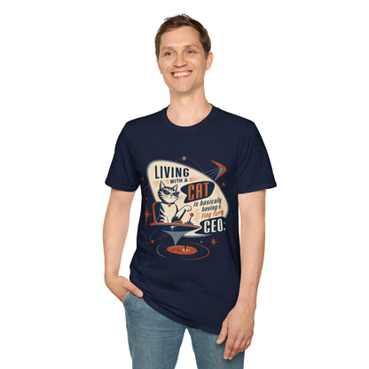 Cat T-Shirt — "Living with a Cat is Basically Having a Furry CEO" Retro Graphic