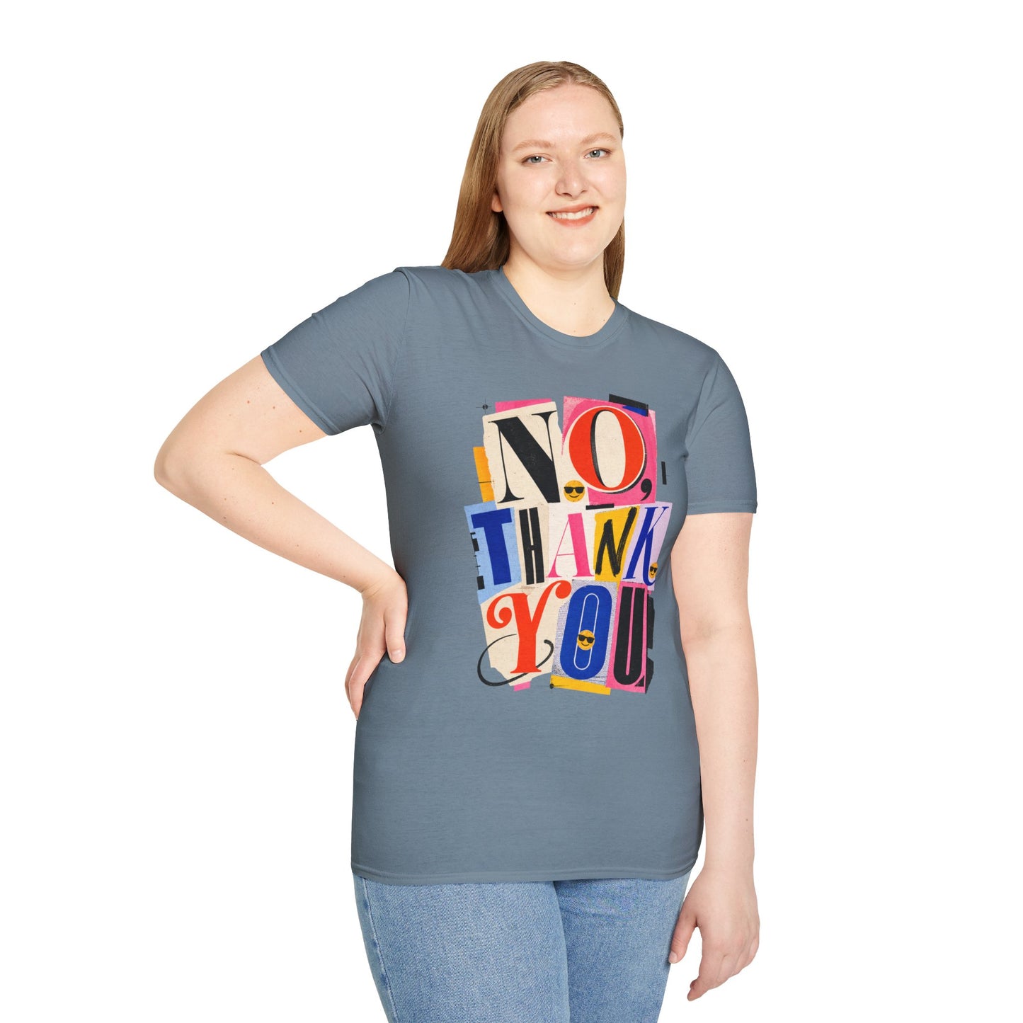 No, Thank You Graphic Tee — Colorful Bold Lettering T‑Shirt