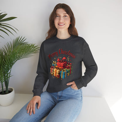 Christmas Crewneck Sweatshirt — "Merry Christmas" with Festive Gift Pile