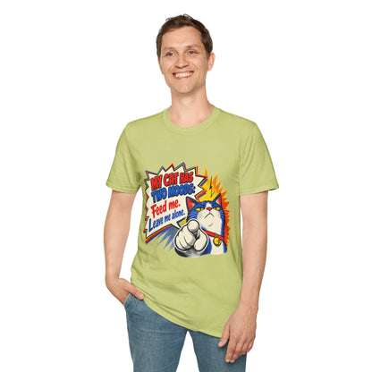 Cat T-Shirt — "My Cat Has Two Moods: Feed Me, Leave Me Alone" Funny Retro Comic Tee