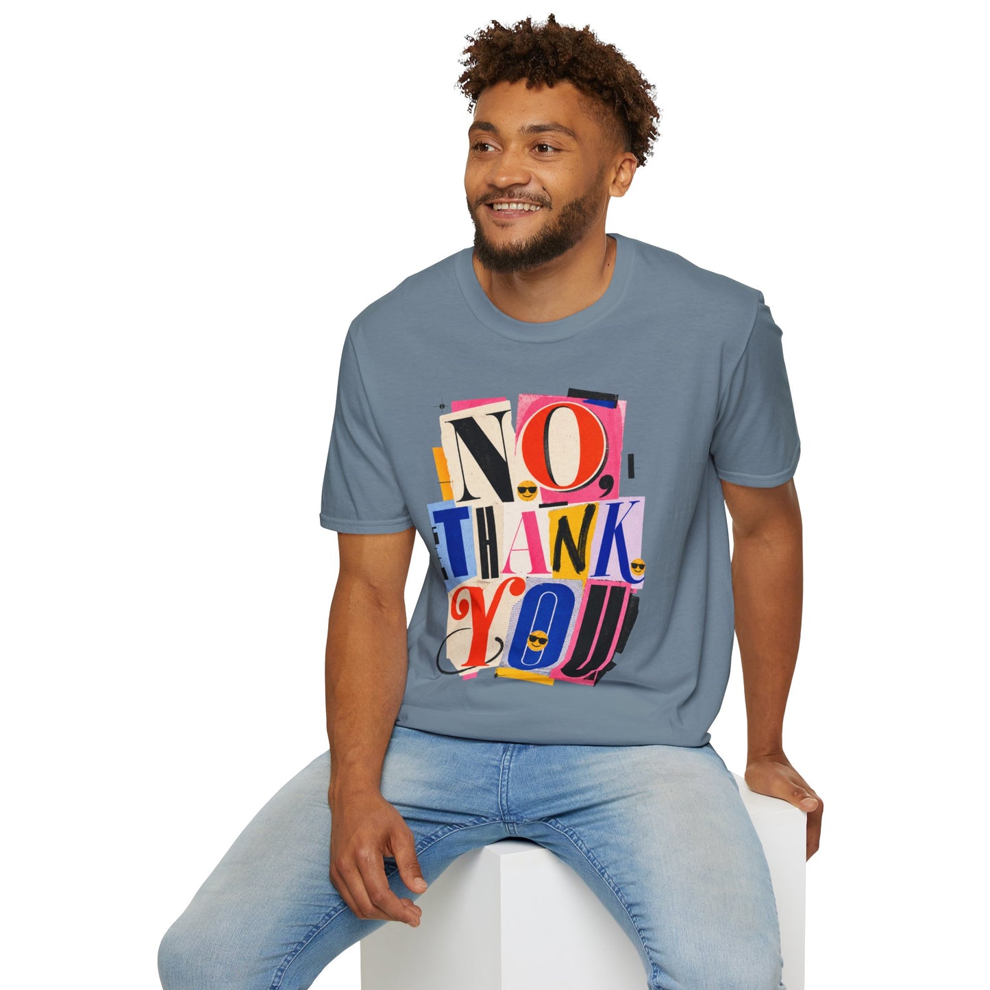 No, Thank You Graphic Tee — Colorful Bold Lettering T‑Shirt