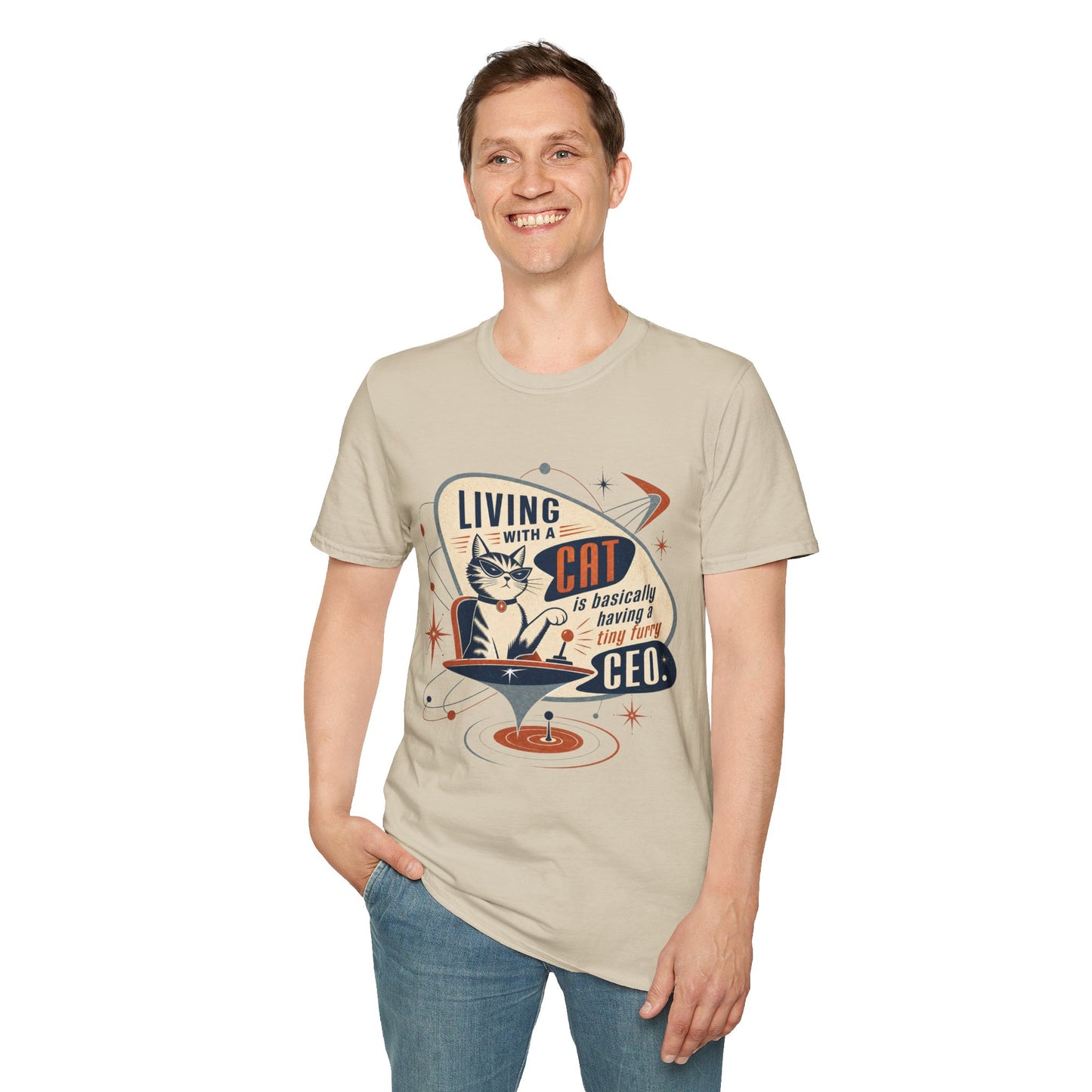 Cat T-Shirt — "Living with a Cat is Basically Having a Furry CEO" Retro Graphic