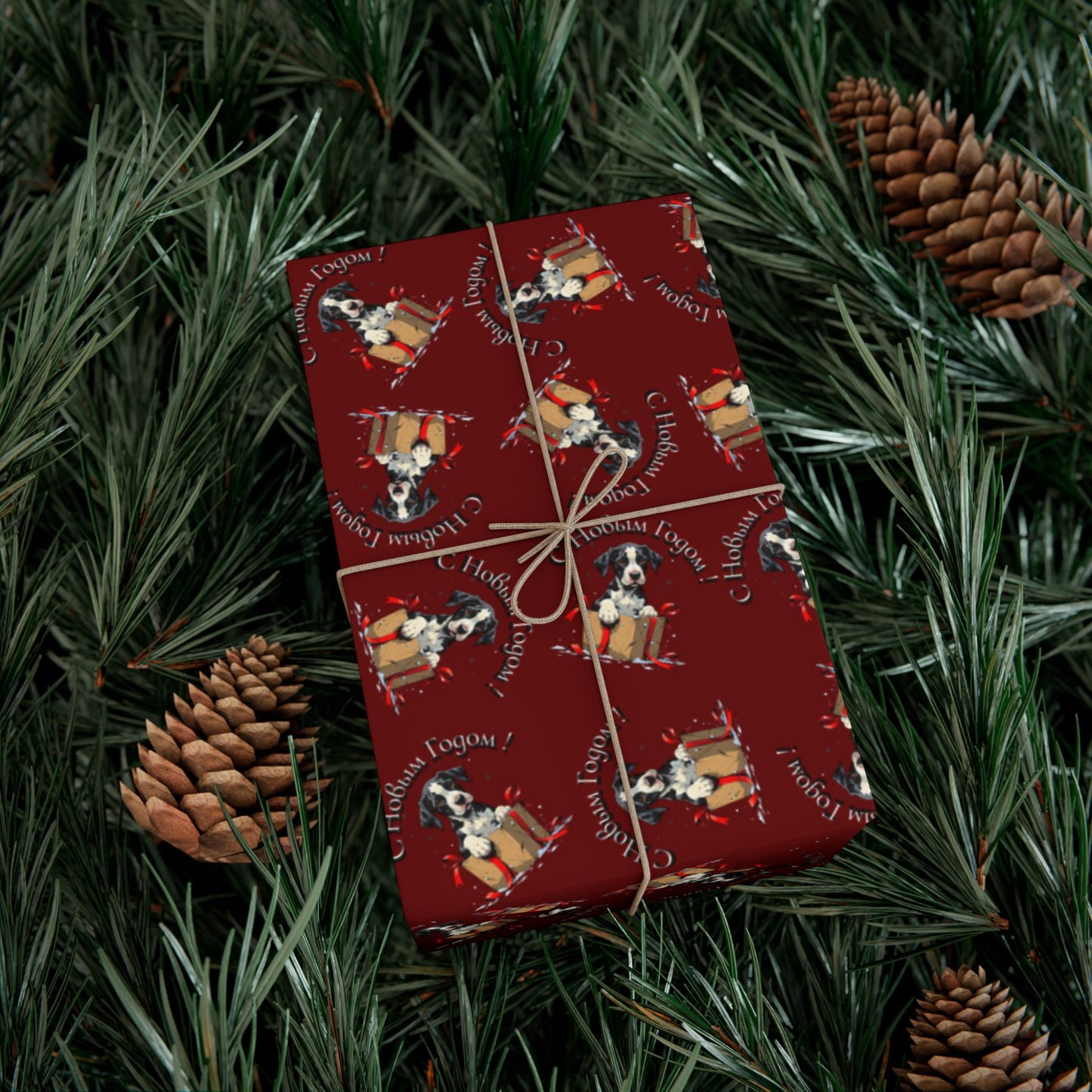 Christmas Gift Wrap Paper - Festive Santa & Gifts Pattern on Burgundy