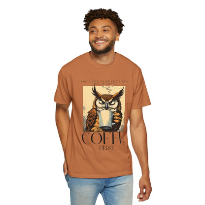 Coffee First Owl T-Shirt — Vintage Coffee Lover Graphic Tee
