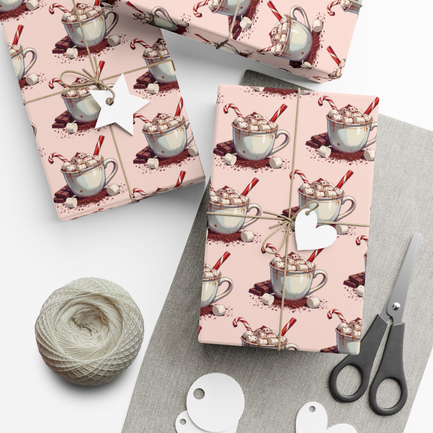 Tea Cup Pattern Gift Wrap Paper — Pink Hot Cocoa & Candy Cane Holiday Wrapping Paper