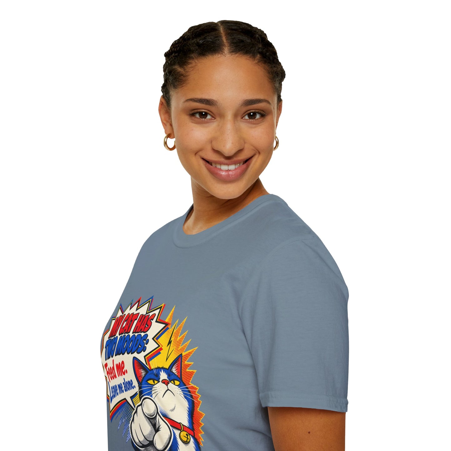 Cat T-Shirt — "My Cat Has Two Moods: Feed Me, Leave Me Alone" Funny Retro Comic Tee