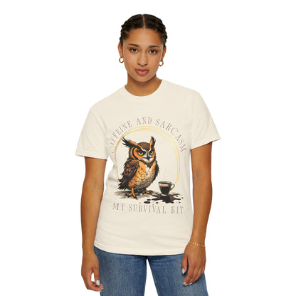 Coffee & Sarcasm Owl T-Shirt — "My Survival Kit" Graphic Tee