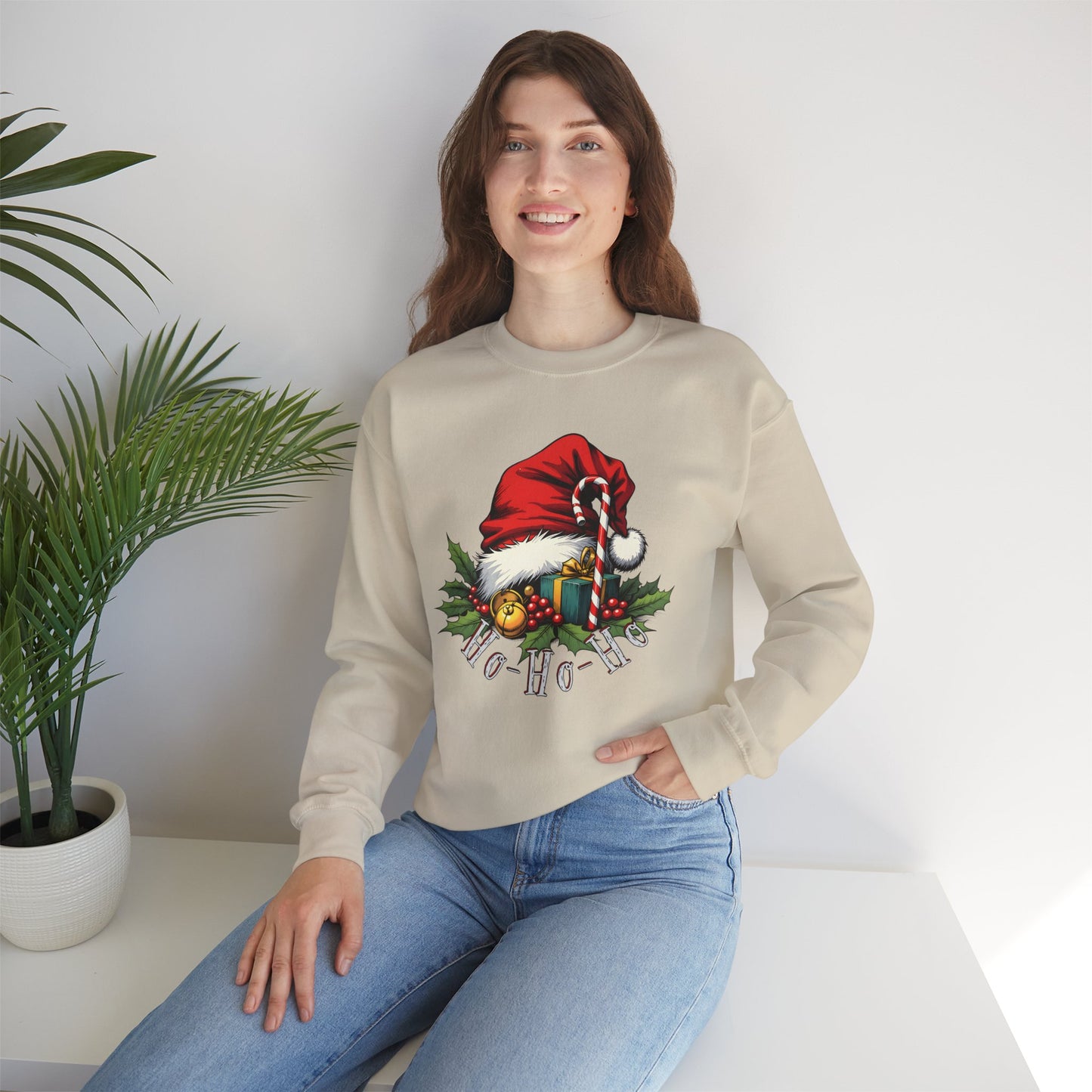 Christmas Sweatshirt - 'Ho-Ho-Ho' Santa Hat & Holly Holiday Crewneck